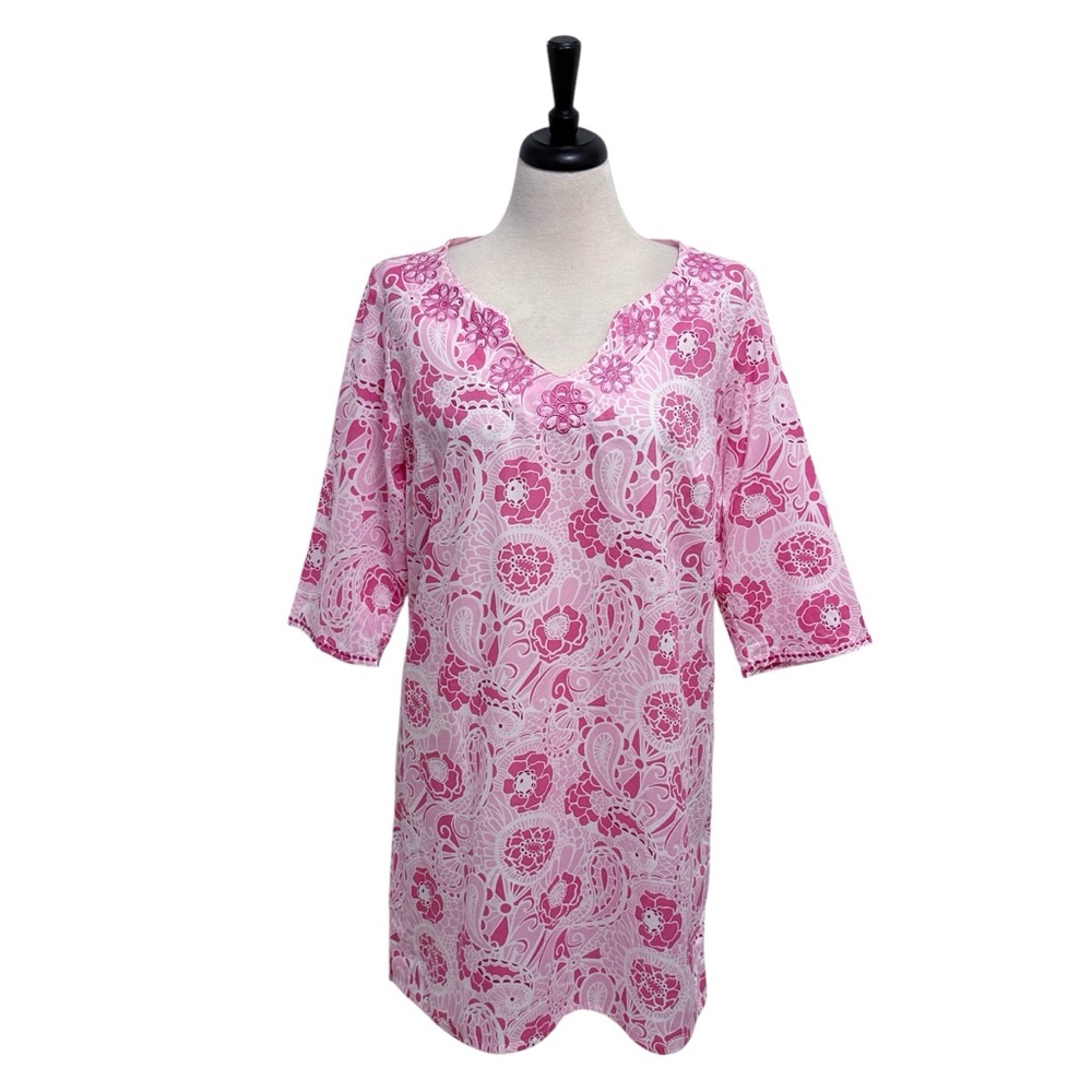 Lilly Pulitzer Carole Hochman Pink White Split Neck 3/4 Sleeve Paisley Night Top